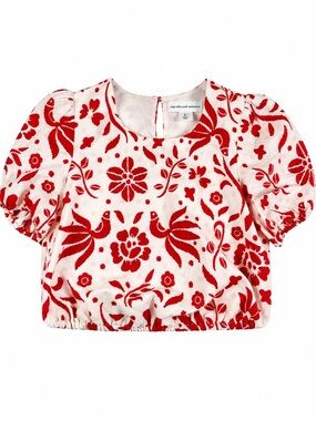 Cupcakes and Cashmere Red Floral Linen Blend Puff Sleeve Top Large